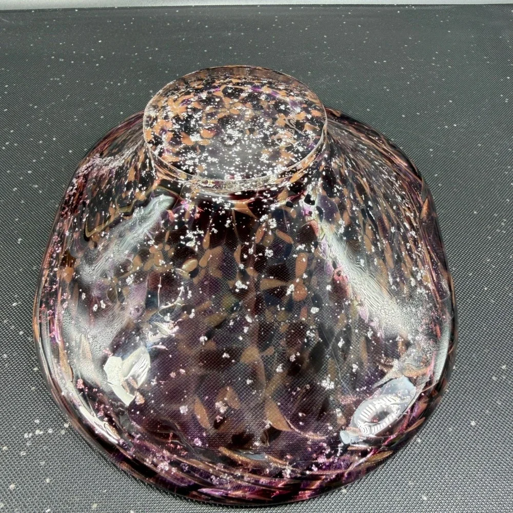 Julia Knight Hand Blown Italy Art Glass Bowl Dish Purple Amber‎ Silver Confetti